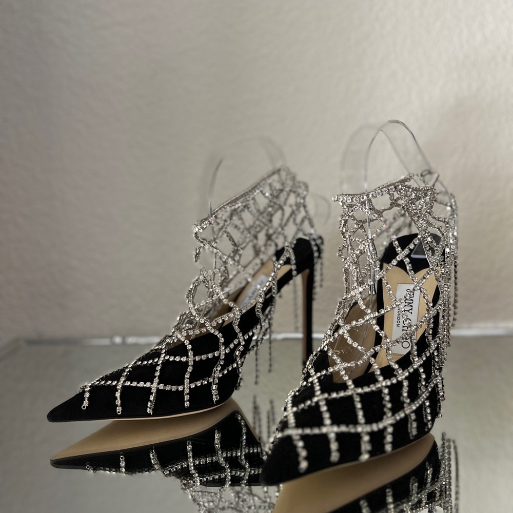 New JIMMY CHOO Scotty Suede Pumps With Crystal Chains 37.5 $3,850 - Picture 11 of 15